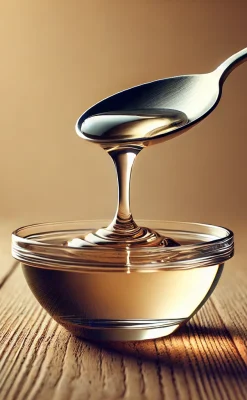 DALL·E 2024-12-30 12.05.56 - A realistic and clean image featuring a spoon pouring transparent liquid into a glass bowl, similar to a syrup texture, set on a natural wooden surfac