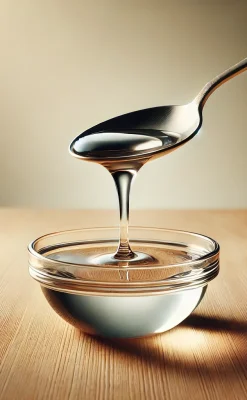 DALL·E 2024-12-30 12.07.28 - A similar realistic and clean image featuring a spoon pouring transparent liquid into a small glass bowl, showcasing the smooth syrup-like texture. Th