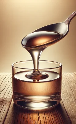 DALL·E 2024-12-30 13.16.16 - A unique realistic image featuring a spoon pouring a transparent liquid into a small glass cup instead of a bowl, set on a textured wooden surface. Th